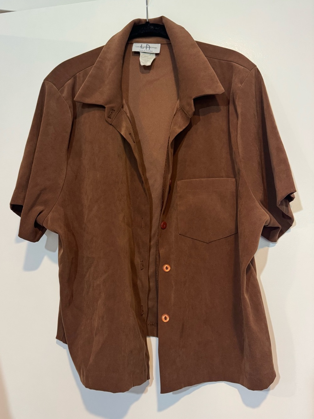 Vintage Los Angeles Woman Faux Suede Short Sleeve Button Up Brown L